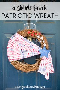 Welcome friends & family to your home all summer long with this simple Patriotic wreath! Made with stars & stripes fabric, wooden stars, & a grapevine base.