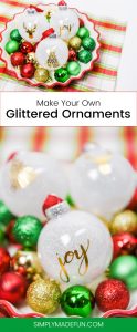 white glitter ornaments with a gold foil design